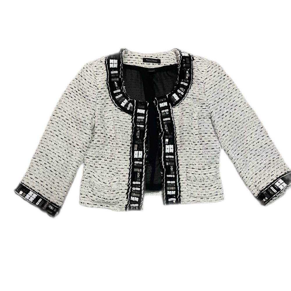 White House Black Market Tweed Cropped Beaded Embellished Blazer Jacket Size 8